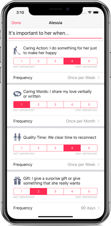 Partner profile screen showing answers for Gifts, Physical Affection, and Negativity