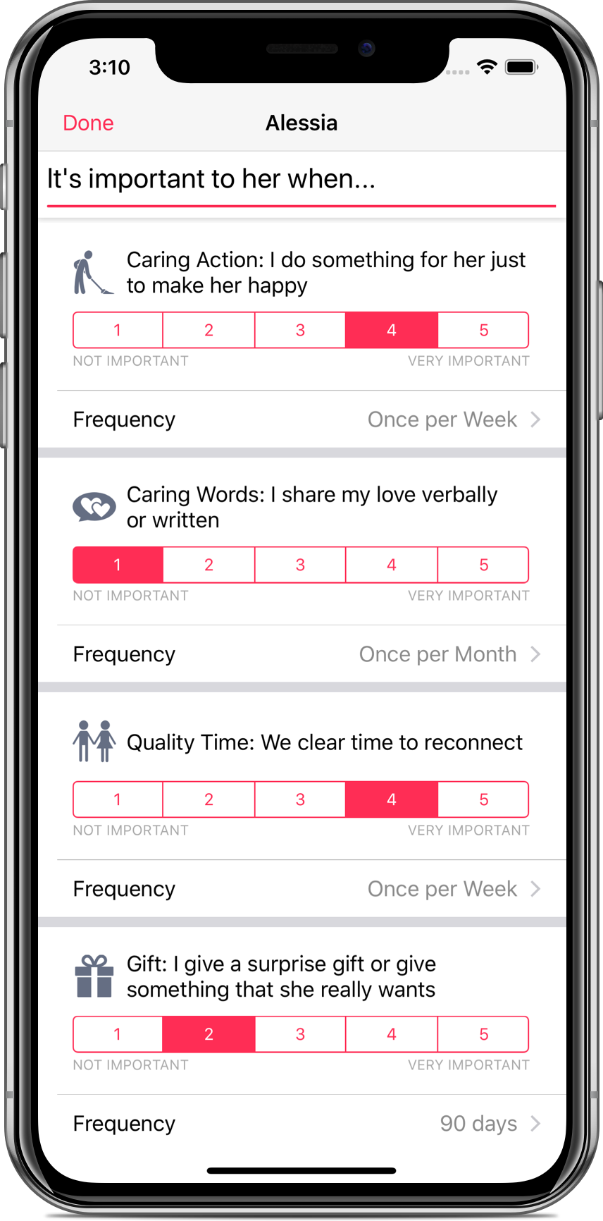 Partner profile screen showing answers for Gifts, Physical Affection, and Negativity